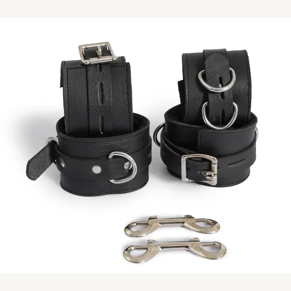 4 Piece Leather Bondage Handcuffs with Hogtie Connector
