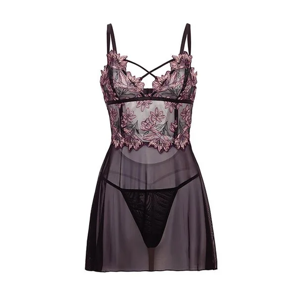 Adela Embroidered Boned Lace and Mesh Babydoll w/G-String 2 pc Set - Black/Pink 1X