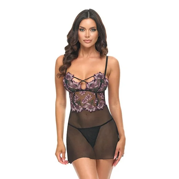 Adela Embroidered Boned Lace and Mesh Babydoll w/G-String 2 pc Set - Black/Pink MD