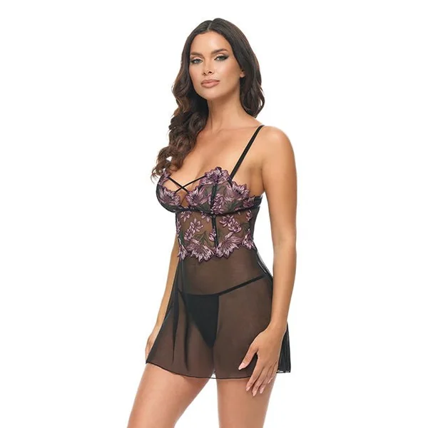 Adela Embroidered Boned Lace and Mesh Babydoll w/G-String 2 pc Set - Black/Pink SM