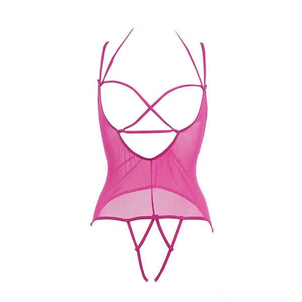 Allure Angelina Sheer Mesh Under Bust Teddy Hot Pink S/M