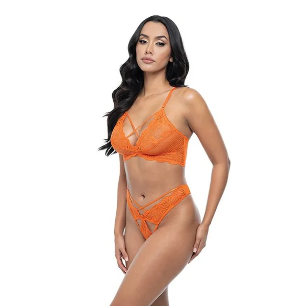 Amina Scallop Lace & Mesh Bralette w/Panty 2 pc Set - Dragon Fire Orange L/XL