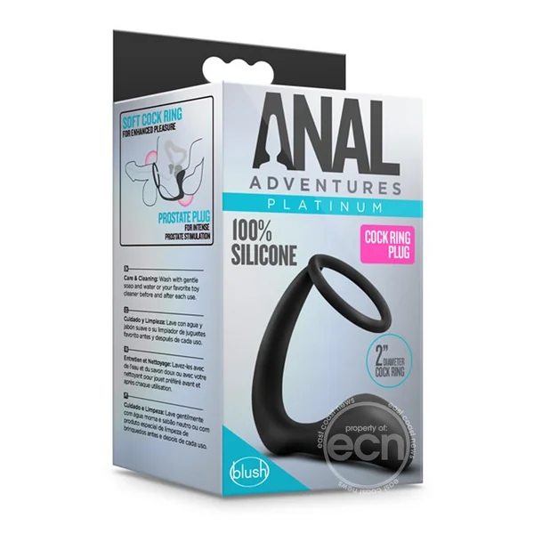 Anal Adventures Platinum Silicone Cock Ring and Butt Plug - Black