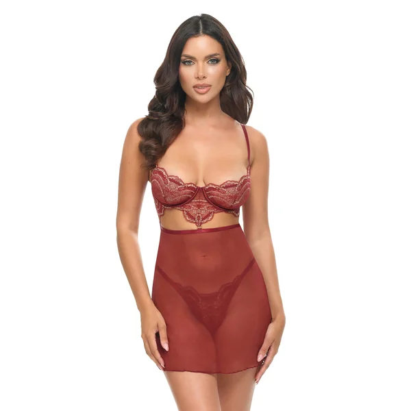 Arielle Unlined Underwire Lace Babydoll w/G-String - Burgundy L/XL