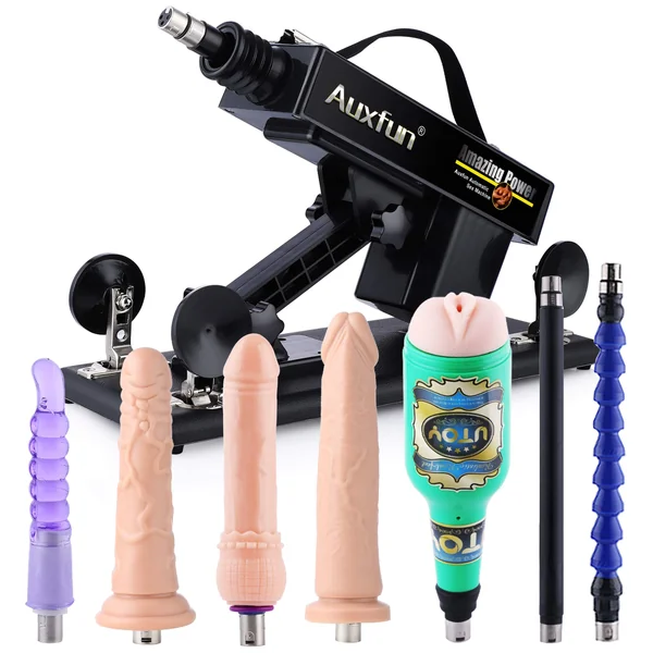 Auxfun Sex Machine with Realistic Dildos for Women, Adjustable Thrusting Machines with 3XLR Male Masturbtion Cup for Men 8 Piece Set(include Sex Machine)