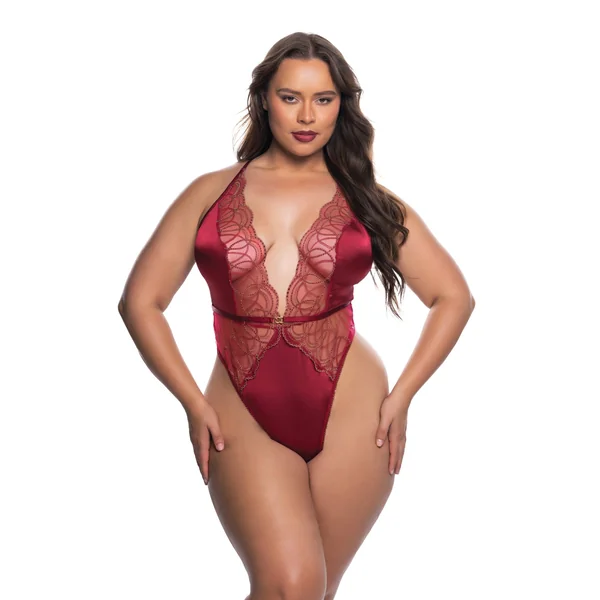 Beaded Belle Metallic Embroidered w/Bead Lace Teddy - Red/Gold 1X