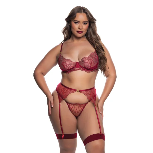 Beaded Belle Metallic Embroidered w/Bead Lace Top, Thong & Garter 3 pc Set - Red 2X