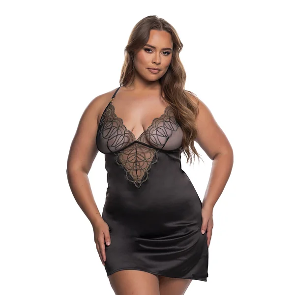 Beaded Belle Metallic Embroidery w/Bead Lace Chemise - Black/Gold 1X