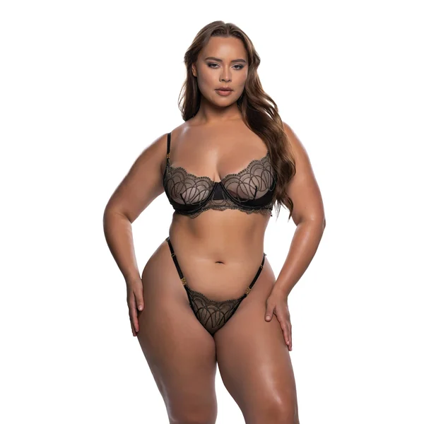 Beaded Belle Metallic Embroidery w/Bead Lace Underwire Top & Panty 2 pc Set - Black/Gold 2X