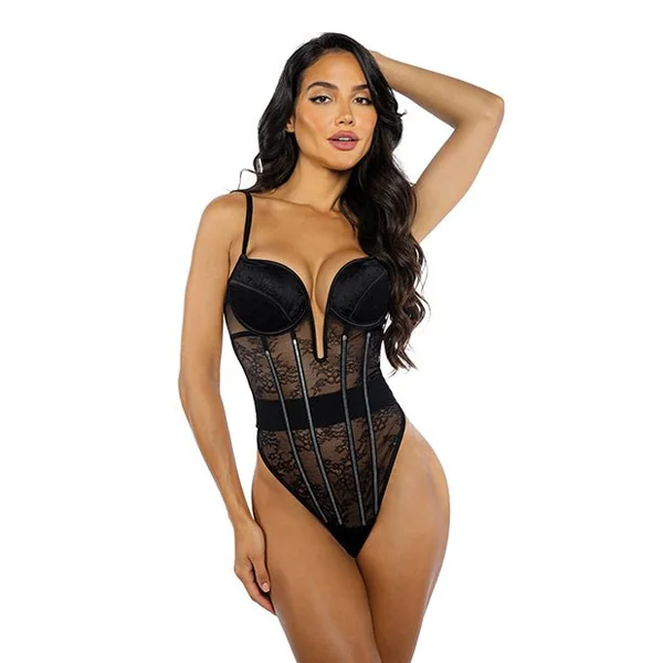 Belle Noir Chantilly Lace and Satin Teddy - Black XL