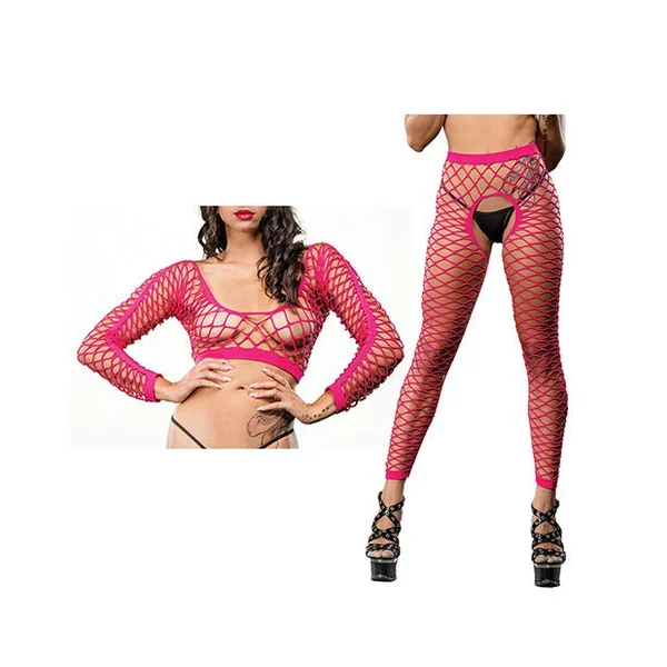 Beverly Hills Naughty Girl Crotchless All Over Mesh Leggings Pink O/S