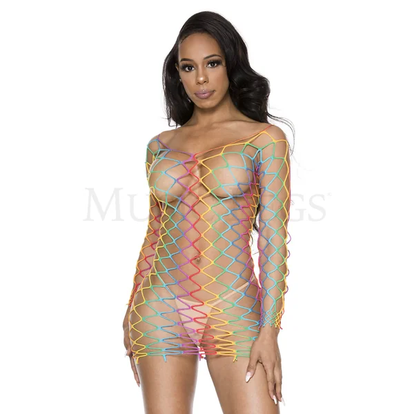 BIG DIAMOND NET RAINBOW MINI LONG SLEEVE SCOOP NECK