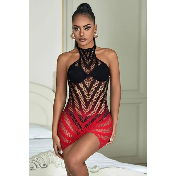 Black And Red Two-Color Gradient Stretchy Fishnet Chemise Dress