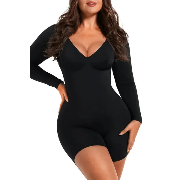 Black Deep V-Neck Shapewear With Slimming Compression and Mid Thigh Shorts