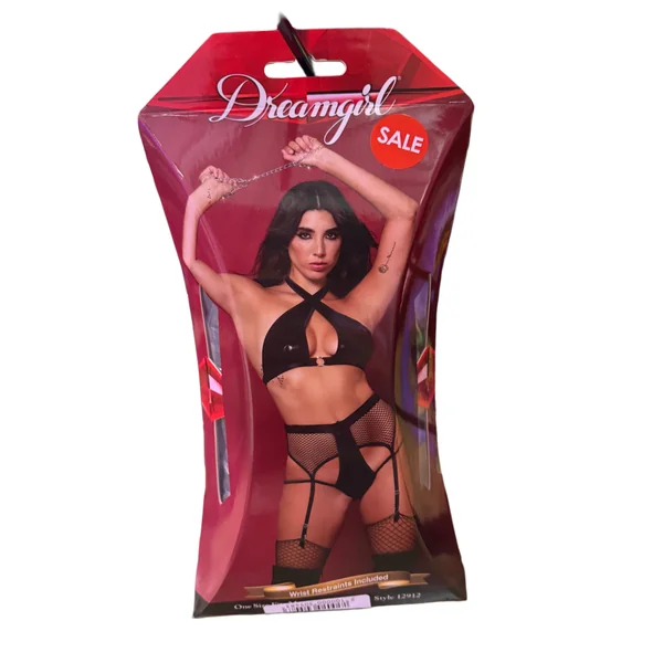 BLACK FAUX LEATHER BRA, GARTER PANTY W/CHAIN RESTRAINT OS