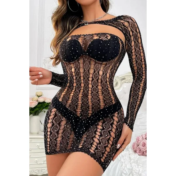 Black Fishnet Rhinestone Mini Dress