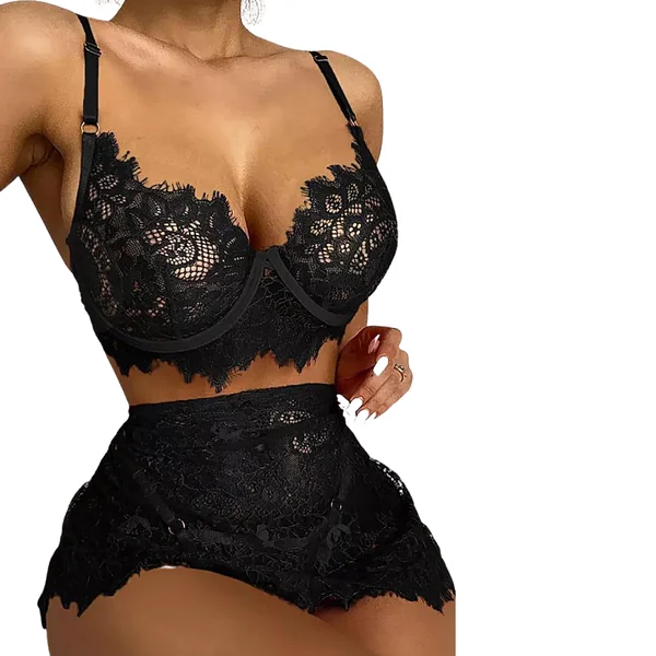 Black Lace 3pcs Babydoll Lingerie