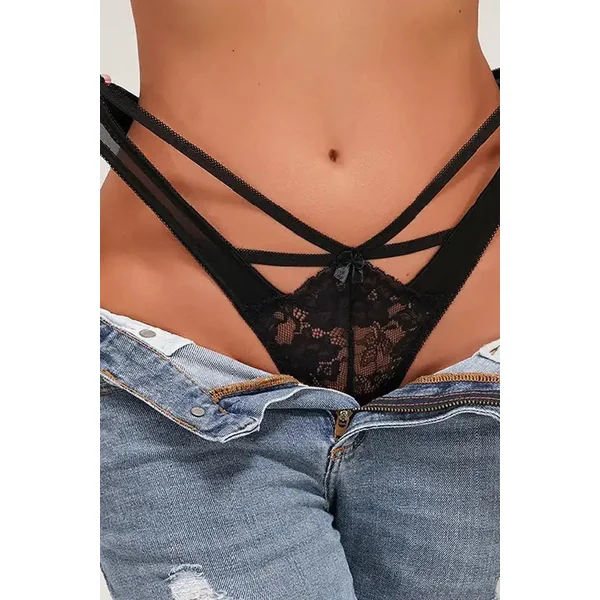 Black Lace Front Strappy Thong