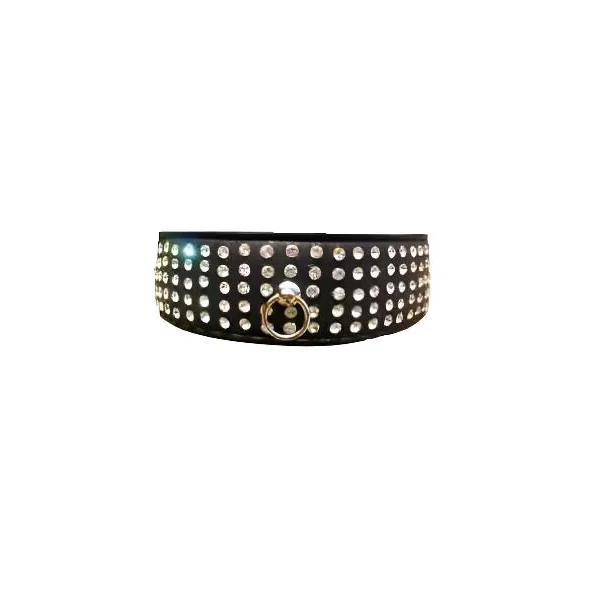 Black Leather Collar With 5 Row Clear Stud