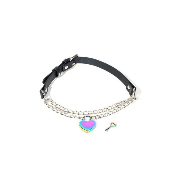 BLACK LEATHER DOG COLLAR WITH CHAIN AND HEART SHAPED LOCK