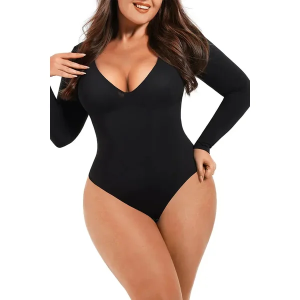 Black Long Sleeve Deep-V Contoured Control Bodysuit