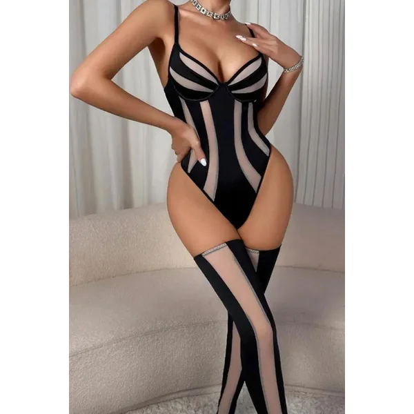 Black Mesh Panel Bodysuit Set