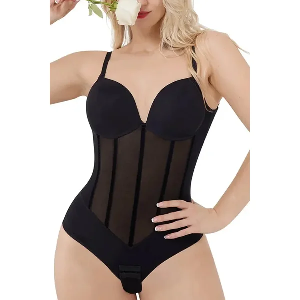 Black Plunge Backless Bodysuit Shaper With Built-In Bra And Velvet Boned Corset