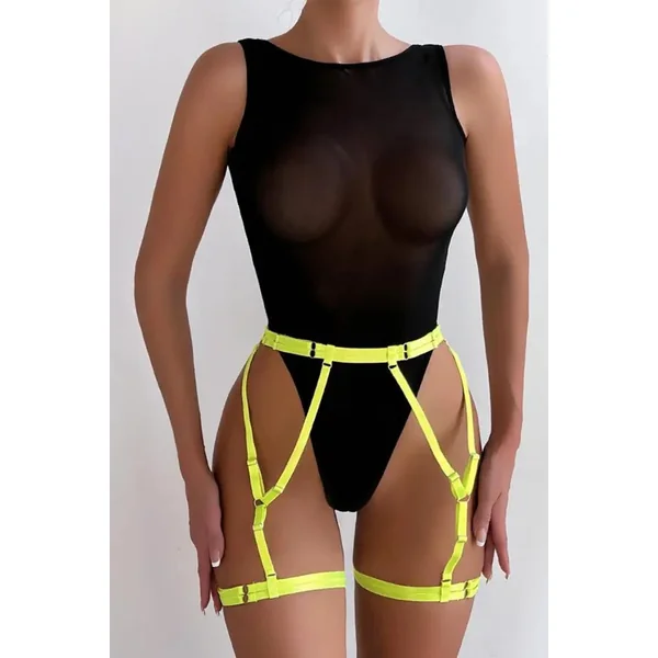 Black Sheer Mesh Teddy with Neon Yellow Garter Belt