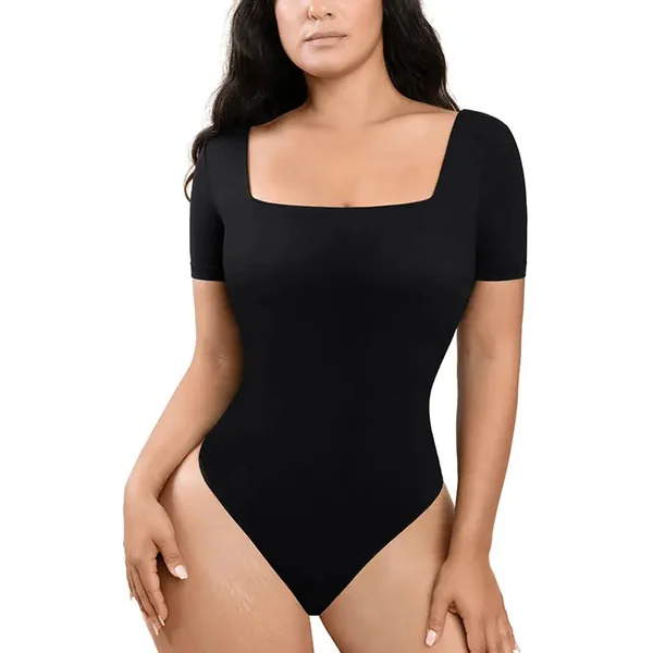 Black Square-Neck Short-Sleeve Tummy Control Shapewear Bodysuit