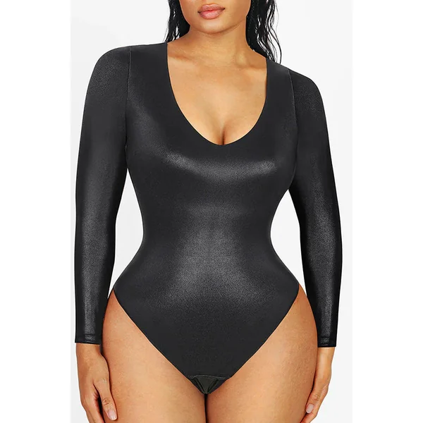 Black Vegan Leather Deep-V Long Sleeve Shaping Bodysuit