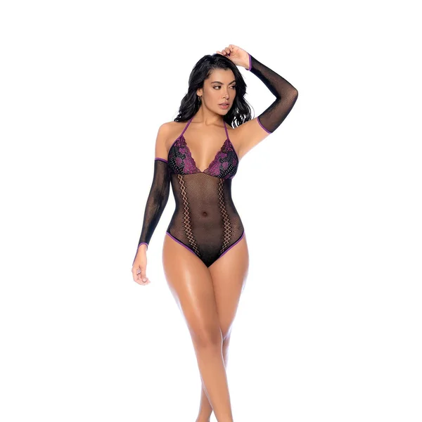 Black/Purple Fishnet and Lace Bodysuit