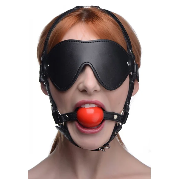 Blindfold Head Harness with Red Ball Gag