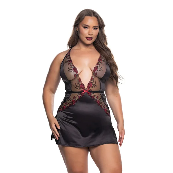 Blossom Beauty Embroidered Rose Lace Babydoll - Black/Red 2X