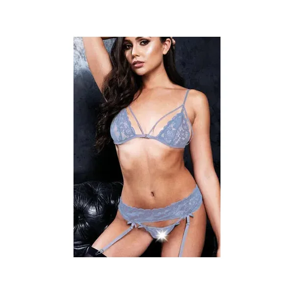 Blue 3 PC Bra, Garter and G-String