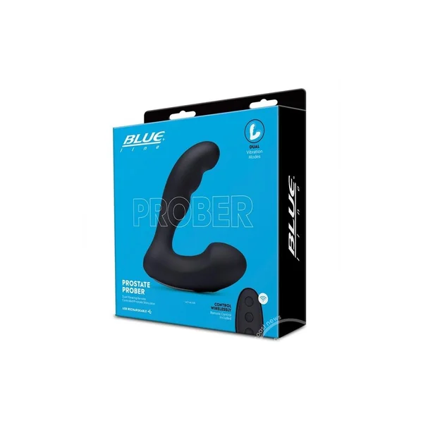 Blue Line Prober Silicone Rechargeable Dual Vibrating Remote Controlled Prostate Stimulator - Black