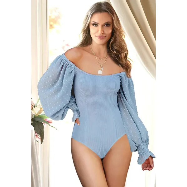 Blue Off Shoulder Ribbed Bodysuit