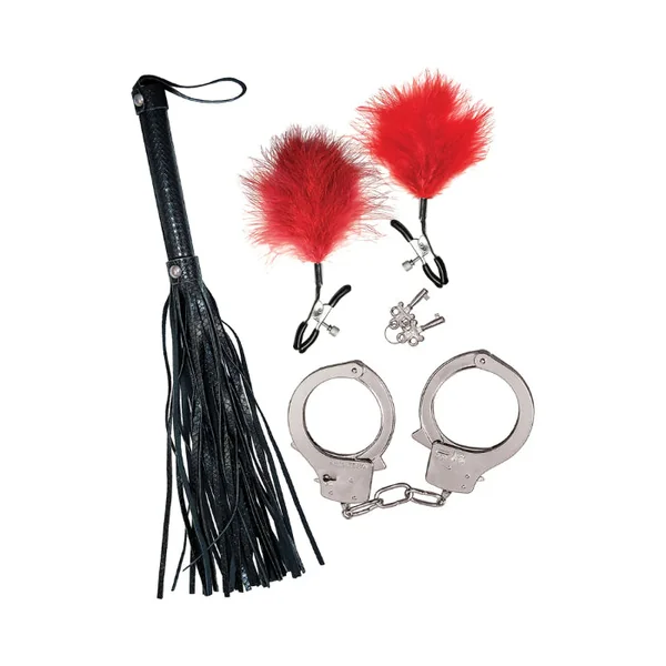 Bondage by Nasstoys Flogger, Feather Nipple Clamps And Handcuff 3 Piece BDSM Kit