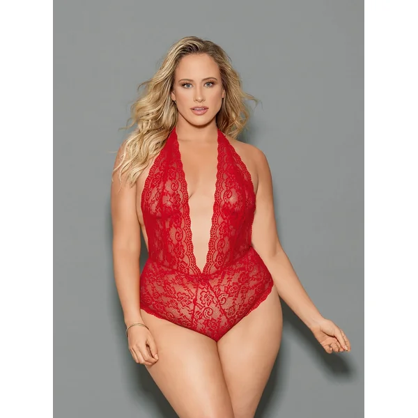 Boxed Euphoria Queen All Over Lace Halter Open Back Teddy