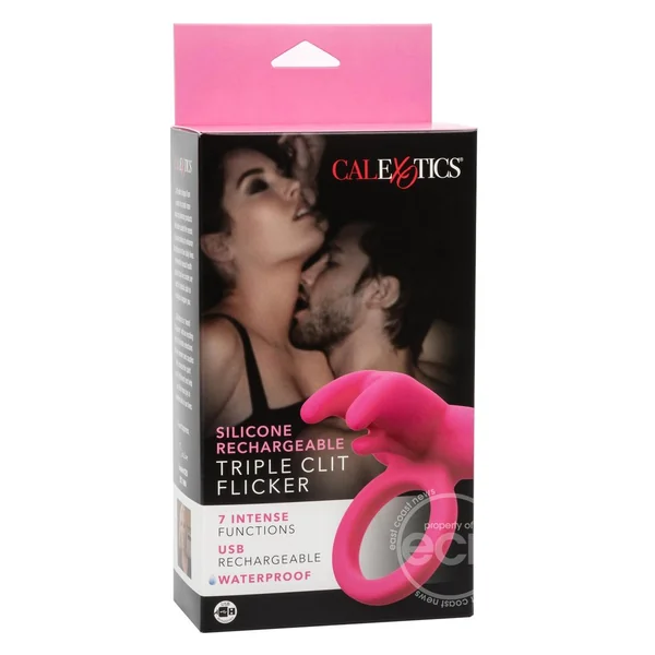 CalExotics Silicone Rechargeable Triple Clit Flicker Cock Ring - Pink