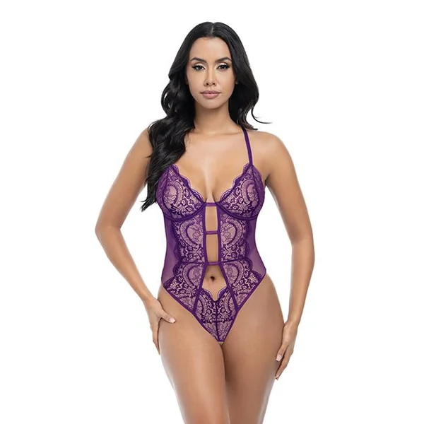 Carmen Lace & Mesh Underwire Crotchless Teddy - Imperial Purple S/M