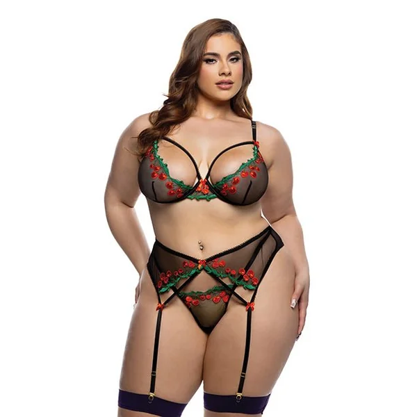 Cherry Delight Embroidered Lace and Mesh Underwire Bra w/Garter & G-String 3 pc Set - Black 1X