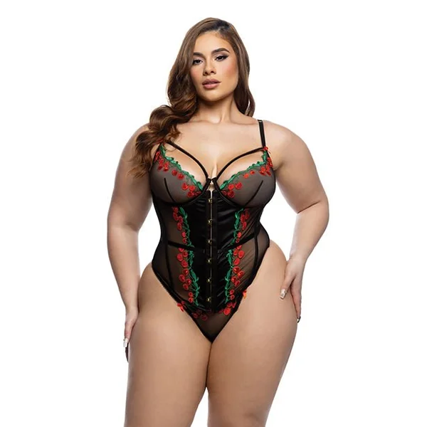 Cherry Delight Embroidered Underwire Corset w/G-String - Black 1X