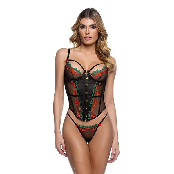 Cherry Delight Embroidered Underwire Corset w/G-String - Black MD