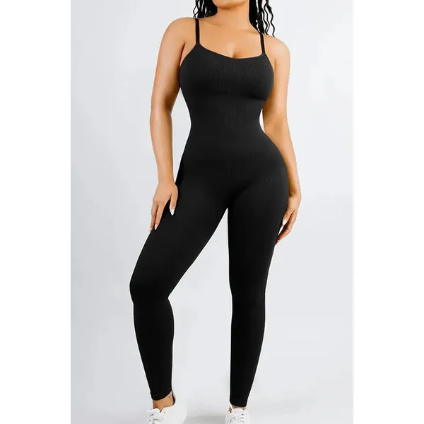 Chic Black Ribbed Shaping Full Jumpsuit