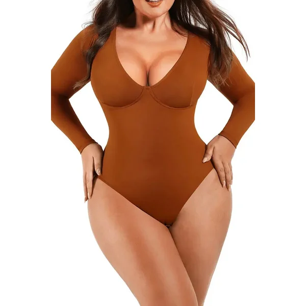 Cinnamon Long Sleeve Deep-V Contoured Control Bodysuit