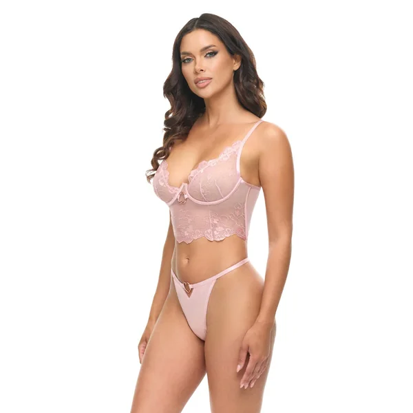 Clarissa Embroidered Bustier w/G-String 2 pc Set - Pink SM