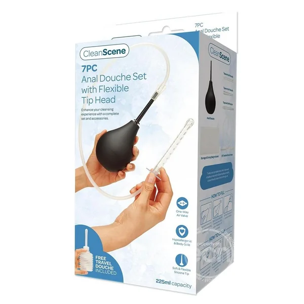 CleanScene Anal Douche Set with Flexible Tip Head (7 Piece) - Black/White
