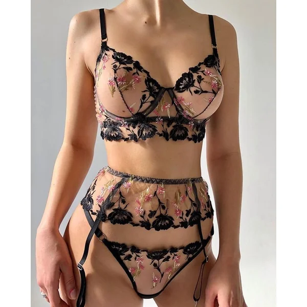 Cross Lace Embroidery Lace Sexy Lingerie Set With Steel Ring