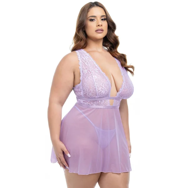 CURVY STASSI SHEER BABYDOLL LAVENDER 1X/2X