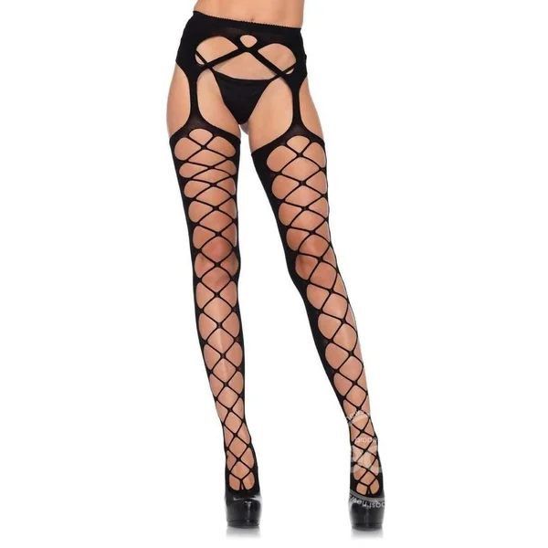Diamond Net Opaque Stockings With Attached Garter - BLACK